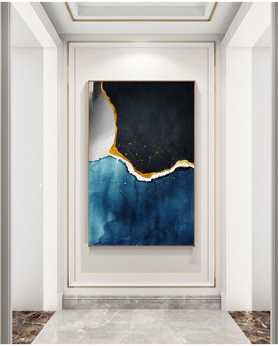 Wall Art: Navy Blue and Gold Vertical Geode Effect Painting (64)