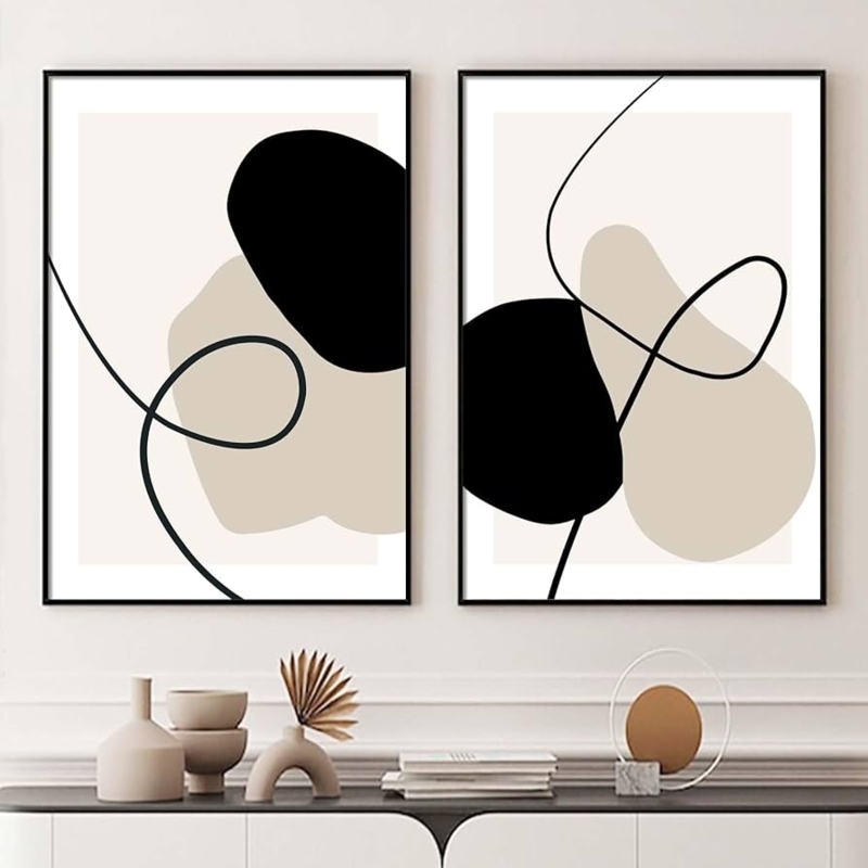 Wall Art Neutral Duo Abstract Blobs Linear Loops Set of Two