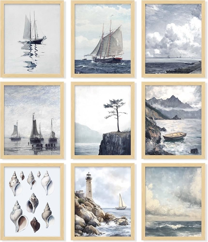 Wall Art Nine Piece Gallery Set Vintage Maritime Aesthetic Wood Frames