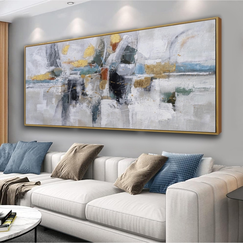 Wall Art Oversized Abstract Canvas Teal and Gold Accents Framed