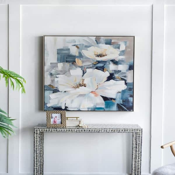 Wall Art Oversized Abstract Floral Canvas Blue White Gold Frame