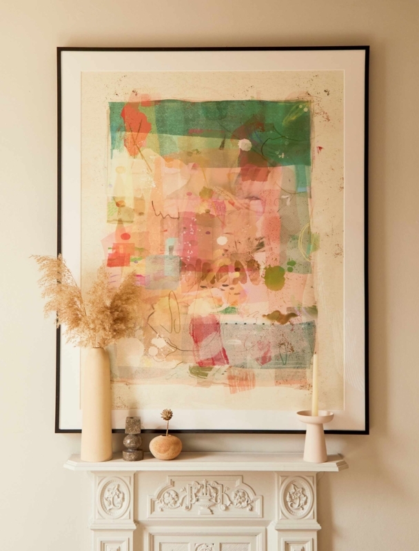 Wall Art: Oversized Abstract Layering Print on Ornate White Mantel.