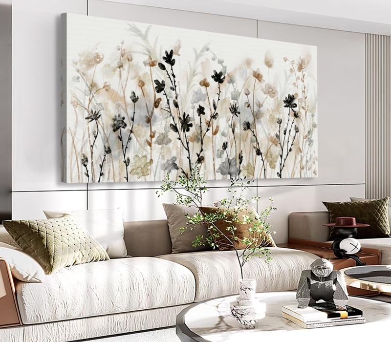 Wall Art Oversized Canvas Neutral Abstract Wildflower Silhouette