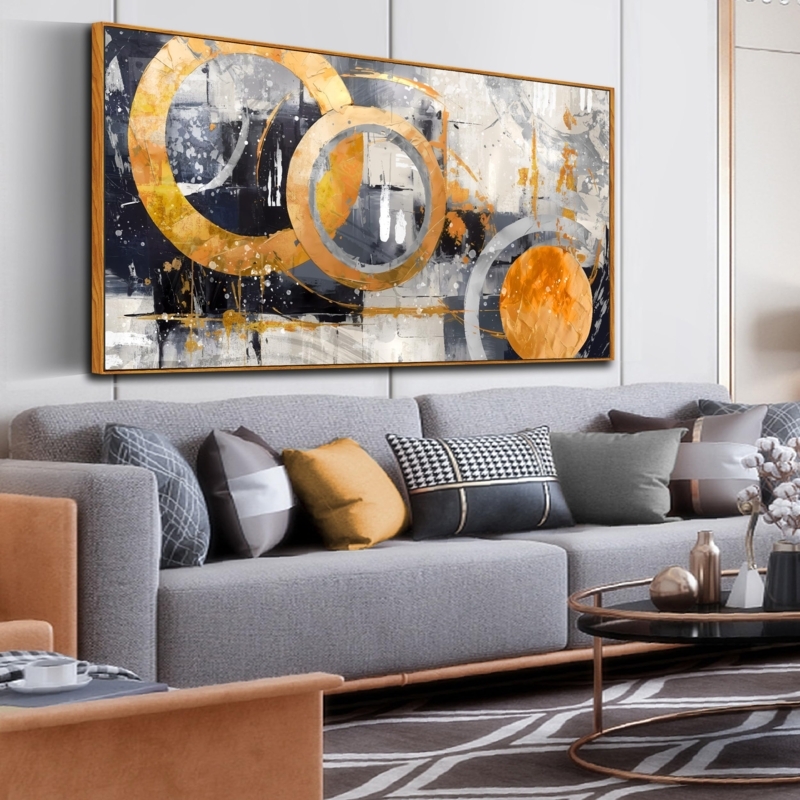 Wall Art: Oversized Geometric Framed Painting with Abstract Circles