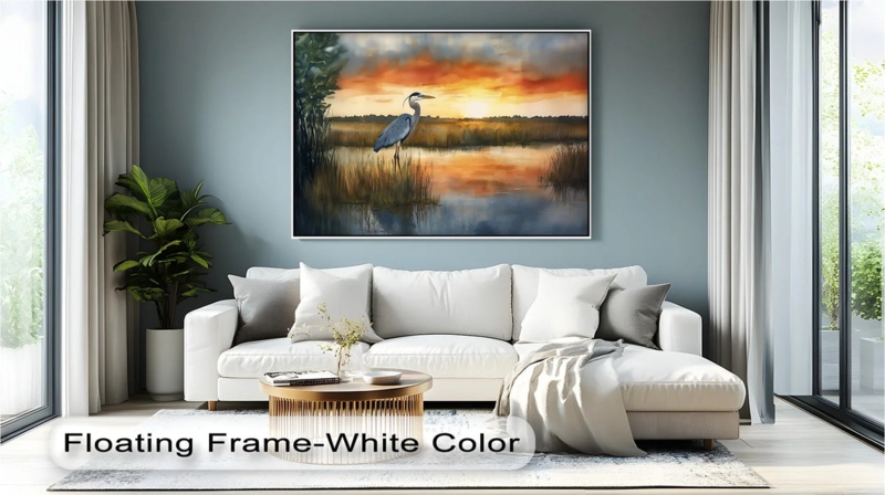 Wall Art: Oversized Heron Sunset Canvas Print with White Floating Frame