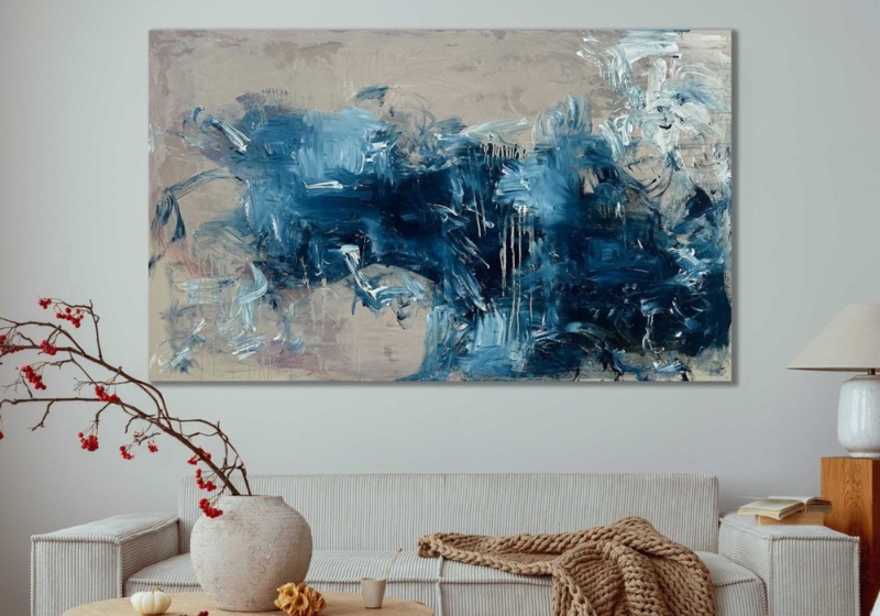 Wall Art Oversized Horizontal Abstract Painting Tonal Blue Coastal
