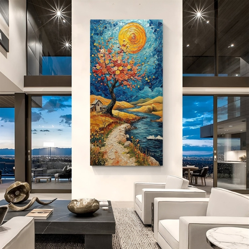 Wall Art: Oversized Impasto Landscape for Luxury Penthouse Living Rooms