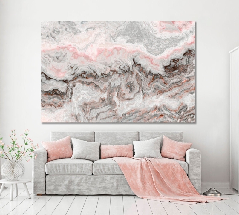 Wall Art Oversized Marble Print Blush Palette, Contemporary Grey Sofa Styling