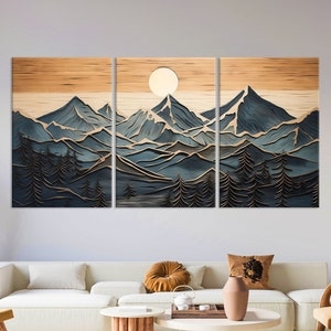 Wall Art: Oversized Mountain Triptych, Wood Relief Design, Multi Panel