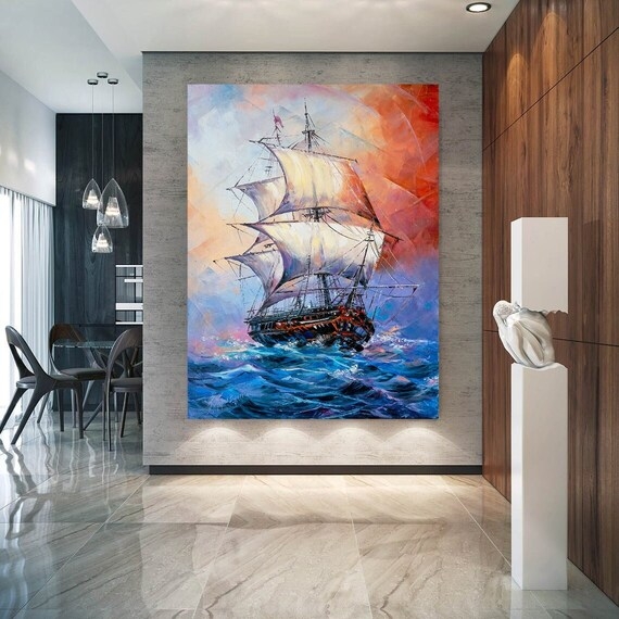 Wall Art Oversized Nautical Decor Sailing Ship Canvas Vibrant Brushwork