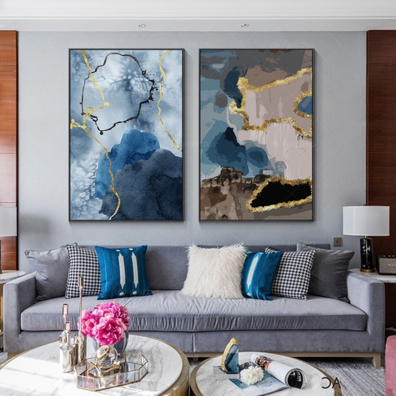 Wall Art: Oversized Navy and Gold Abstract Canvas Set of Two (66)