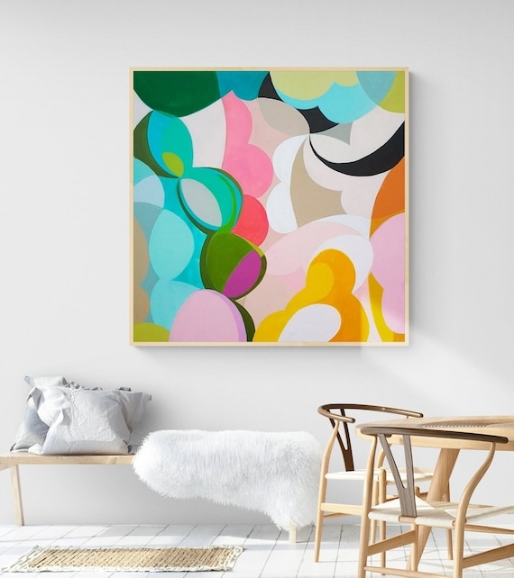 Wall Art Oversized Square Abstract Print Organic Shapes Multicolor