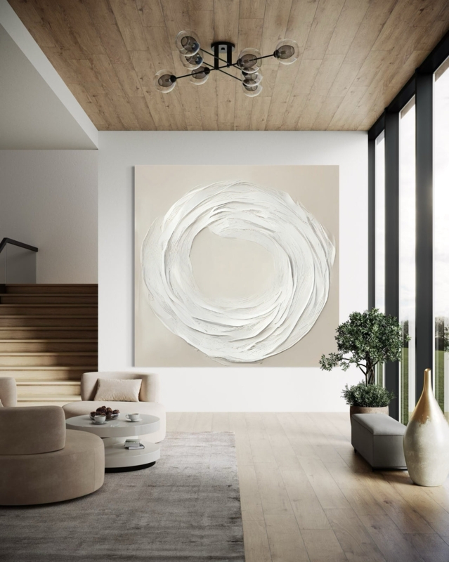 Wall Art Oversized Square Canvas Heavy Impasto Swirl Texture Cream