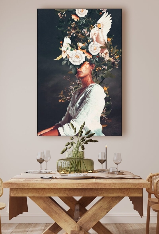 Wall Art: Oversized Surrealist Portrait, Floral Motif for Dining Rooms