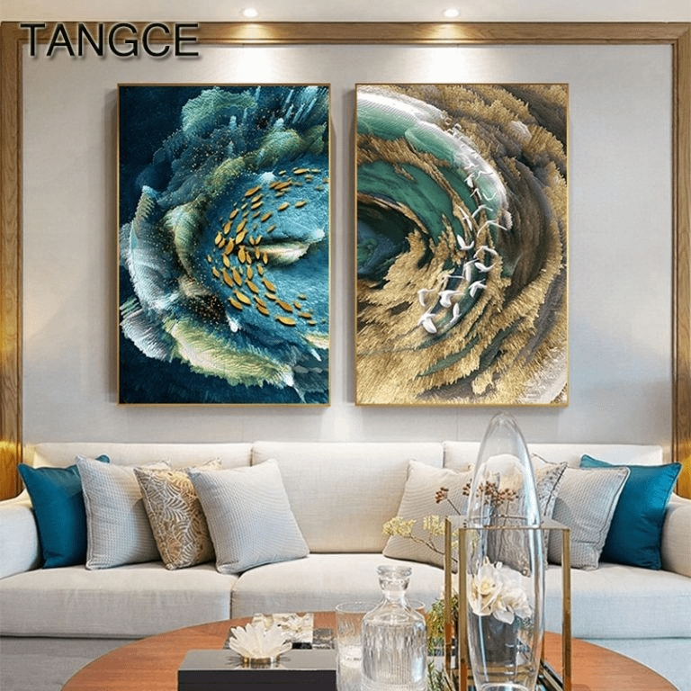 Wall Art: Oversized Teal and Gold Art Panels in Modern Luxury Style.