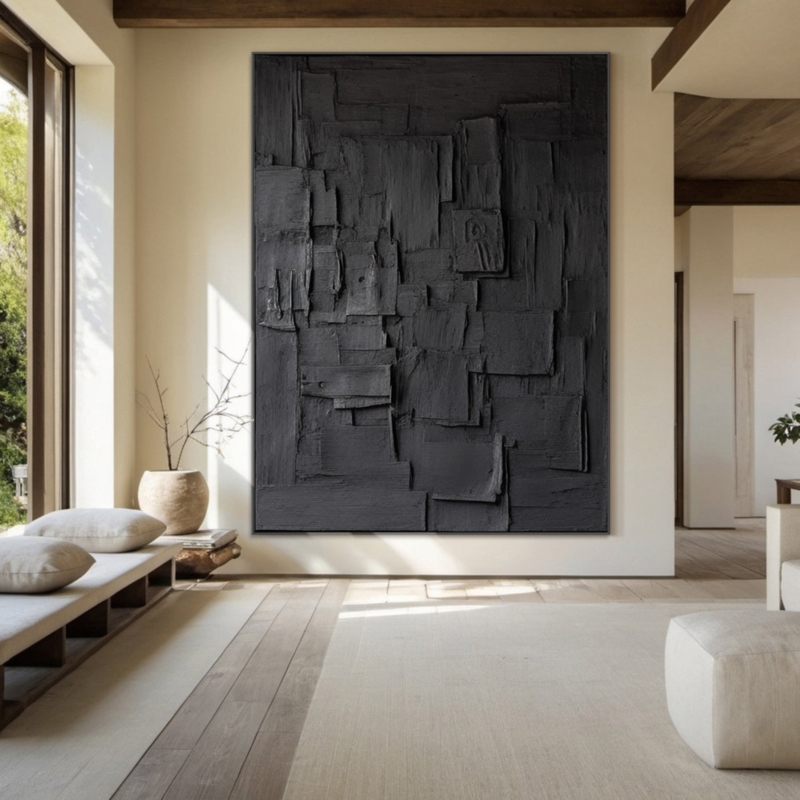 Wall Art: Oversized Wabi-Sabi Black Abstract Canvas with Heavy Impasto