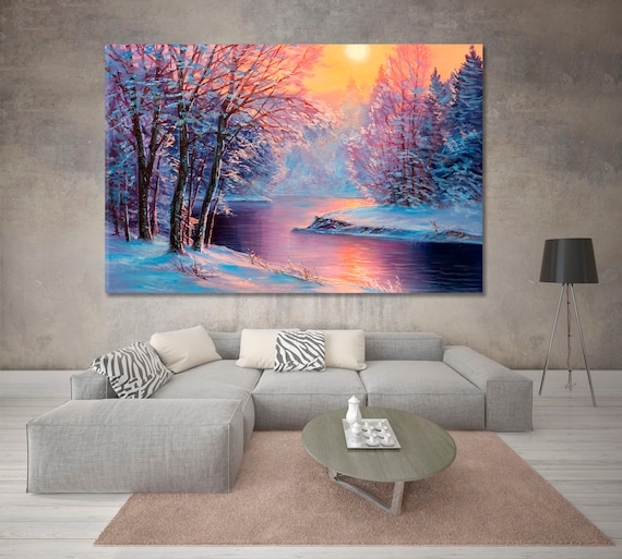 Wall Art: Oversized Winter Landscape Wall Art, Sunset Colors, Modern Style