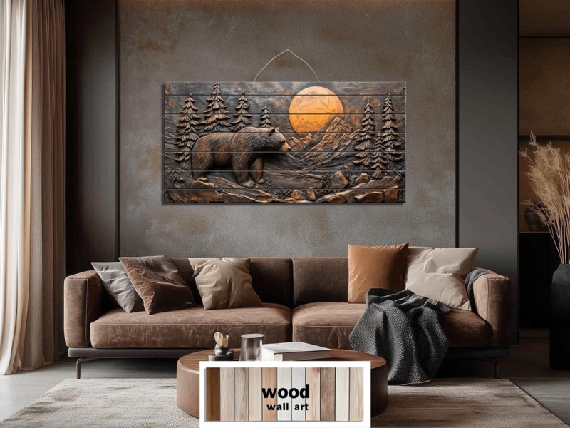 Wall Art Oversized Wood Bear Relief Sunset Landscape, Rustic Lodge
