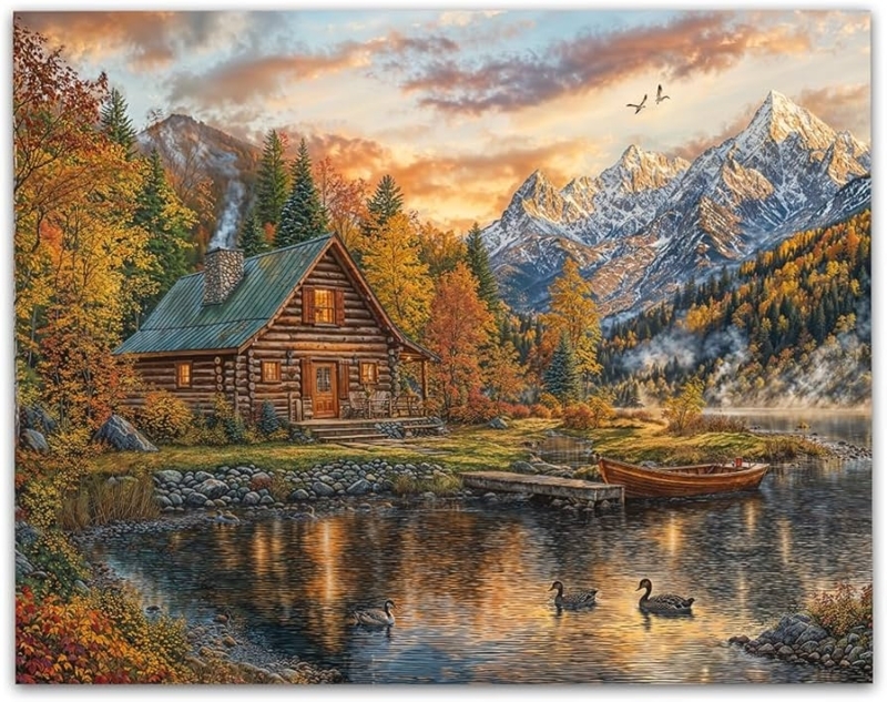 Wall Art Painterly Autumn Landscape Mountain Cabin, Rustic Lodge Decor