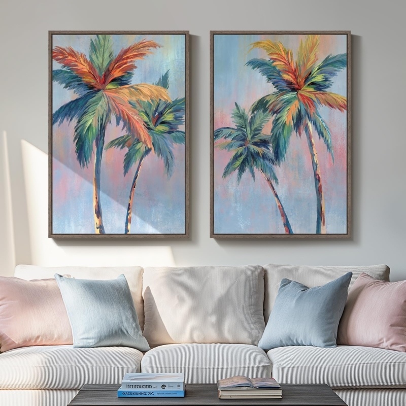 Wall Art Painterly Pop Art Style Set Of Two Colorful Palm Tree Canvas