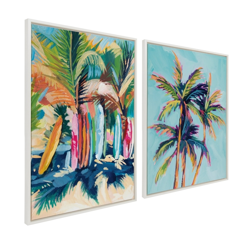 Wall Art Painterly Texture Surf And Palm Coastal Beach Theme White Frame
