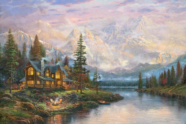 Wall Art Painting: Majestic Mountain Log Lodge Lakeside Retreat