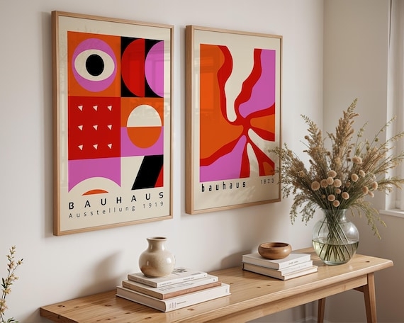 Wall Art Pair: Bauhaus Style Geometric Prints with Typography, Warm Tones