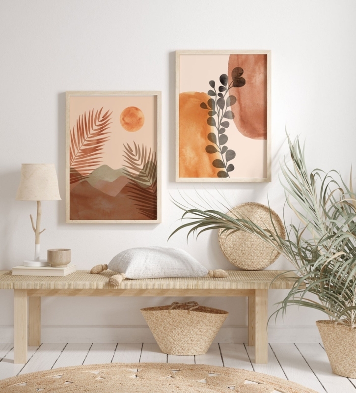 Wall Art Pair featuring Desert and Sun Motifs, Earth Tone Palette.