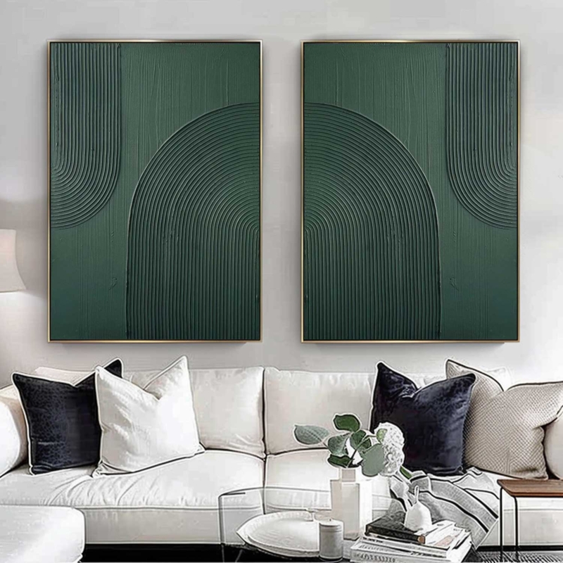 Wall Art Pair: Textured Arch Canvases, Thin Gold Frames, Forest Green.
