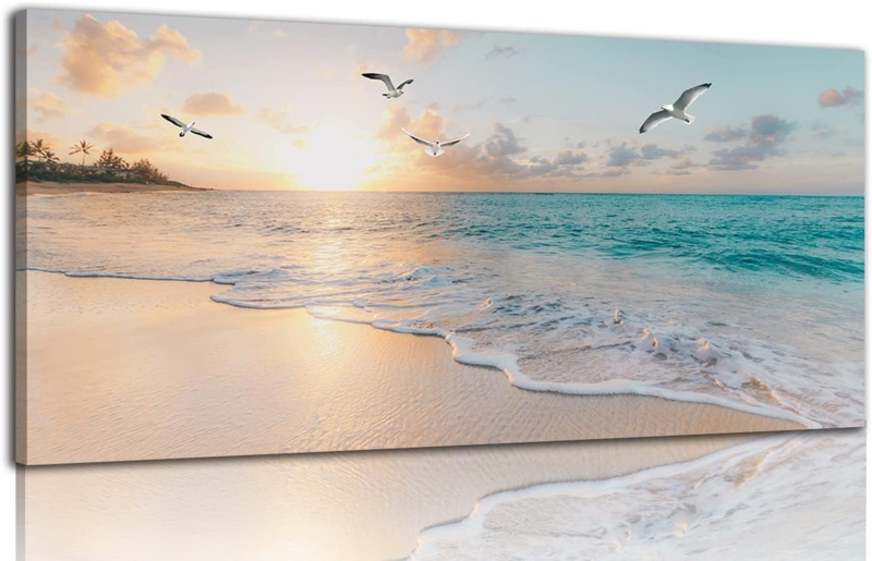 Wall Art Panoramic Aspect Ratio Golden Sunset Glow Turquoise Waves