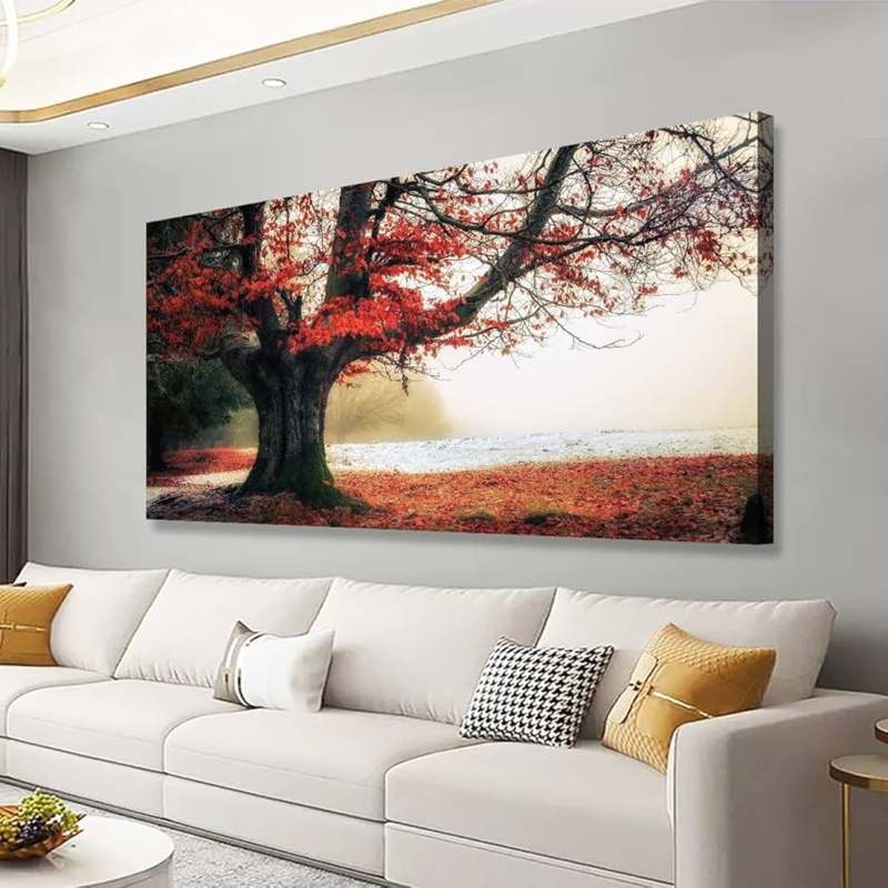 Wall Art Panoramic Canvas Vibrant Red Leaves Landscape Decor