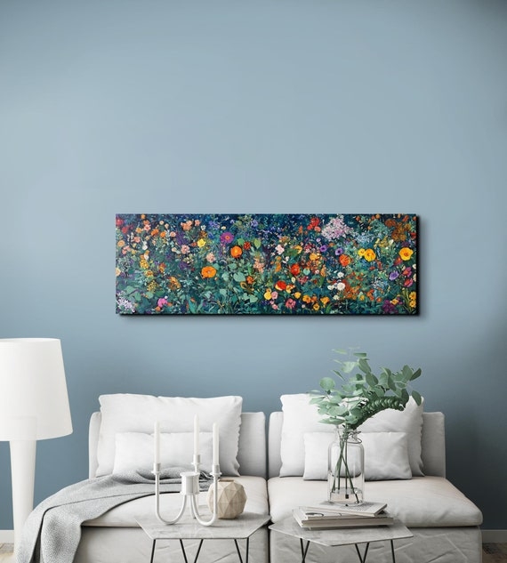 Wall Art: Panoramic Floral Wall Art Over Sofa with Dense Pattern.