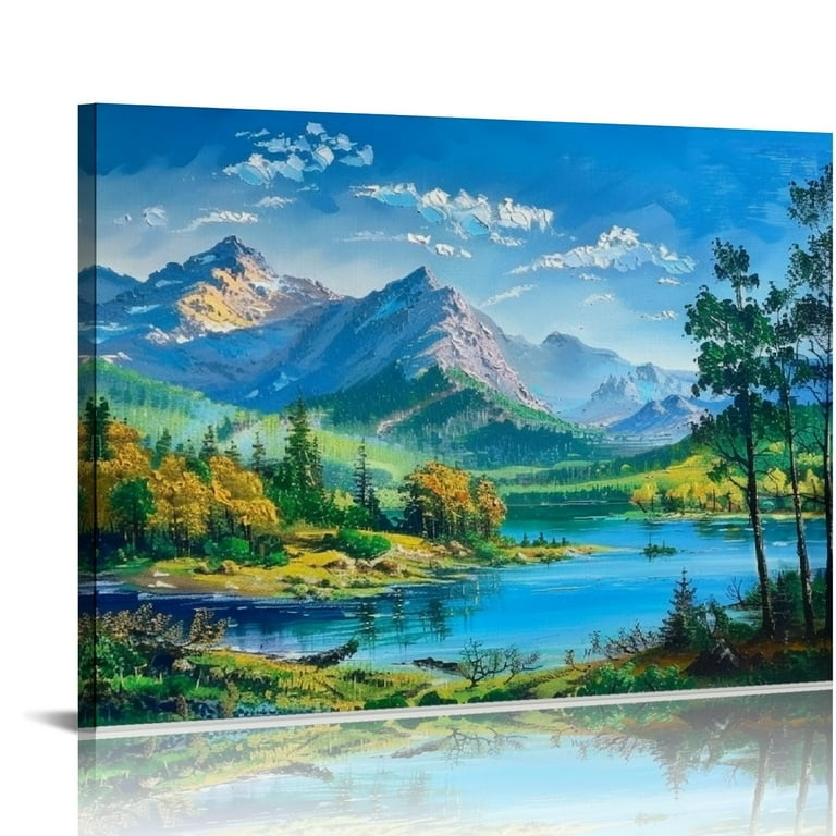 Wall Art Panoramic Nature Lake Painting Vibrant Blue Peaks Rustic