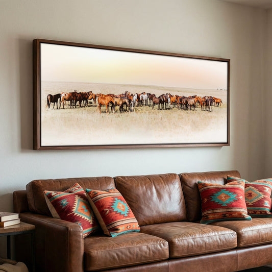 Wall Art: Panoramic Rustic Western Horse Photography in Wood Frame.
