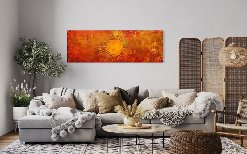 Wall Art Panoramic Shape with vibrant Orange Sunburst Motif.