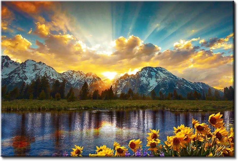 Wall Art Panoramic Sunflower Foreground Sun Rays Effect Rustic Lodge