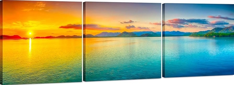 Wall Art: Panoramic Sunset Canvas Set, Triptych Split, Coastal Theme