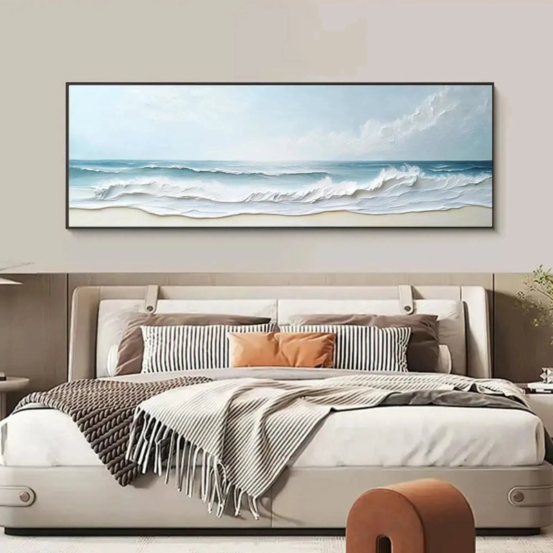 Wall Art: Panoramic Textured Beach Wave Painting for Calming Atmosphere.