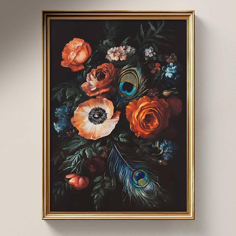 Wall Art Peacock Feather Vivid Orange Contrast Framed Dark Floral