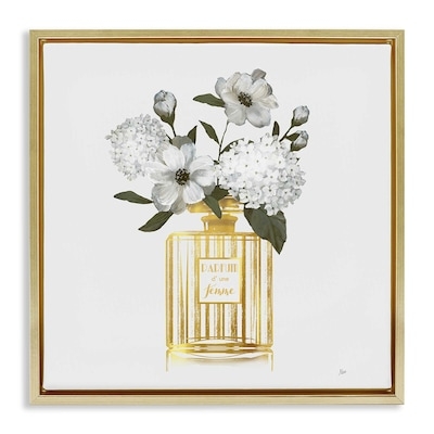 Wall Art Perfume Bottle Vase Gold Striped Graphic French Text Decor