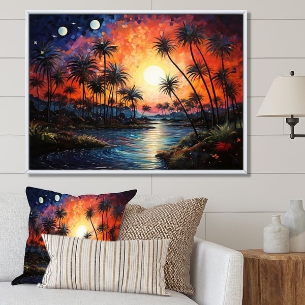 Wall Art Pointillism Art Style Vibrant Sunset Motif Matching Pillow Set