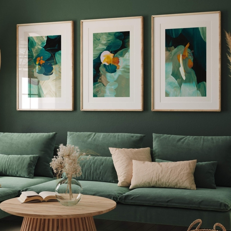 Wall Art Prints Triptych Set with Abstract Botanical Style and Teal.