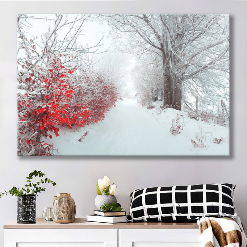 Wall Art: Red And White Canvas Decor, Red Foliage Accent, Snowy Path