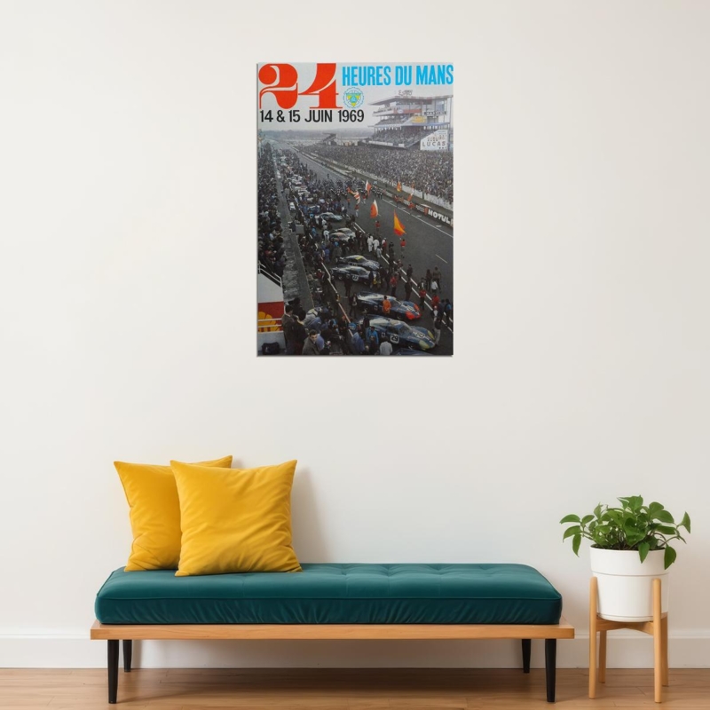 Wall Art Retro 1969 Poster Teal Tufted Bench Mid Century