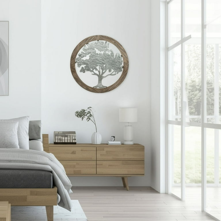 Wall Art Round Wood Metal Tree Of Life Motif Farmhouse