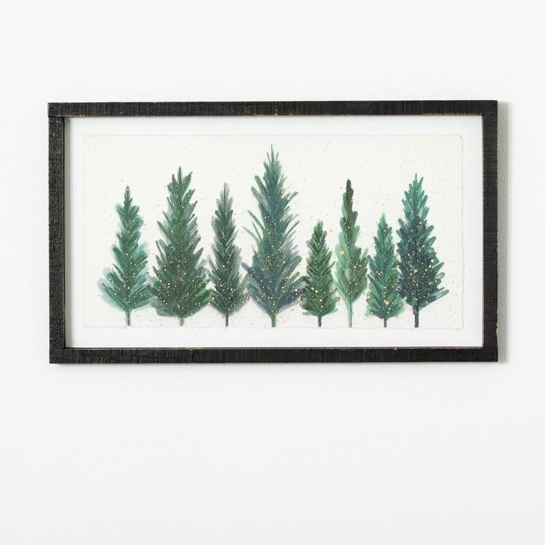 Wall Art: Rustic Black Framed Pine Trees Watercolor with Gold Flecks