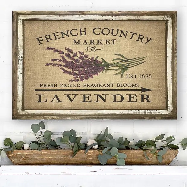 Wall Art: Rustic Burlap Textured Background Sign with Lavender Motif