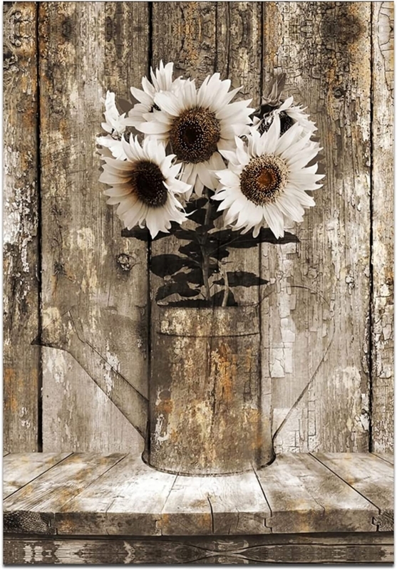 Wall Art Rustic Farmhouse White Sunflowers Weathered Watering Can Print
