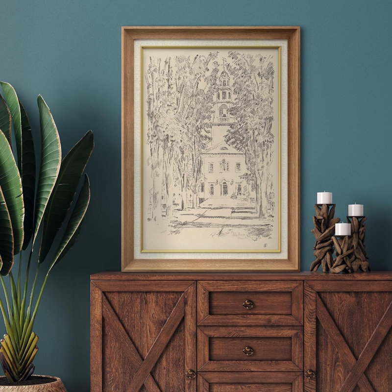 Wall Art: Rustic Framed Church Sketch Illustration against Teal Wall