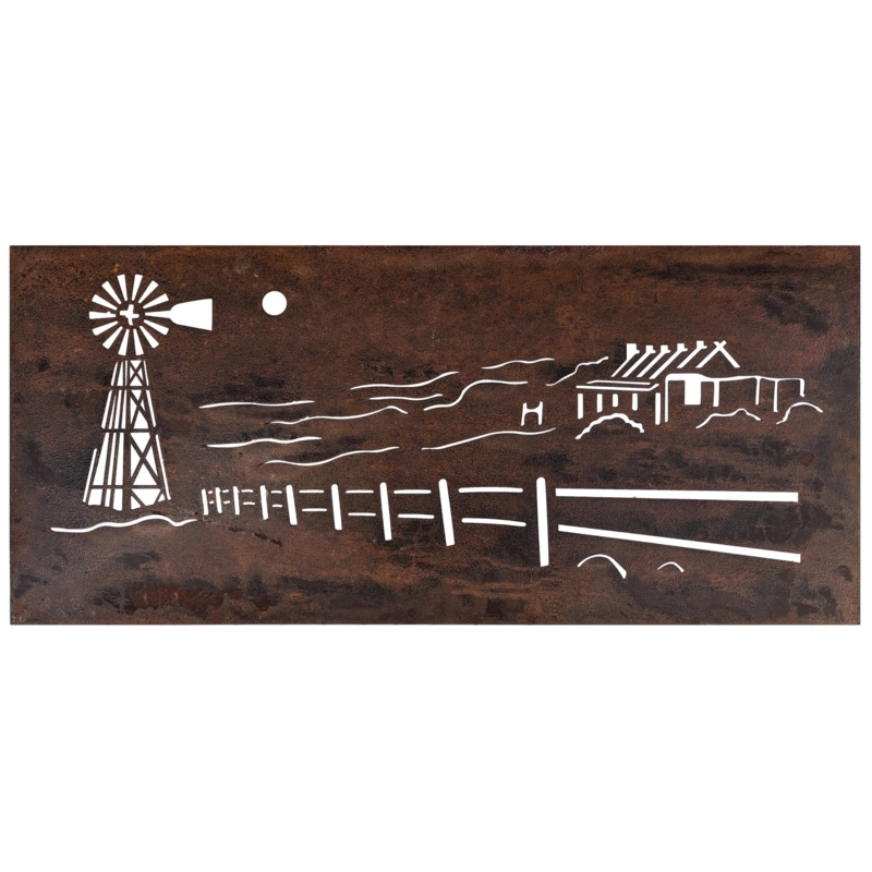 Wall Art: Rustic Metal Cutout Panel with Windmill Silhouette Motif